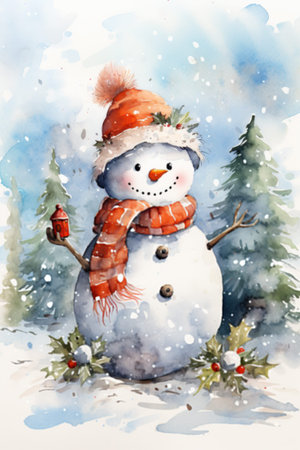 Snowman with hat and scarf carrot nose in the winter forest. Watercolor.の写真素材