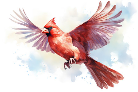 Watercolor bird illustration: A flying cardinal birdの写真素材