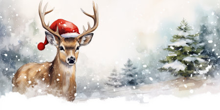 Watercolor christmas illustration: deer with santa hat in snow landscapeの写真素材