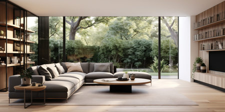A modern minimal living room with clean lines, wood and leather sofa