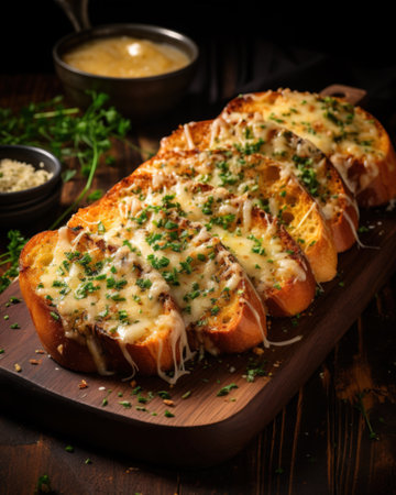 Cheesy garlic bread slices, delicious finger foodの写真素材