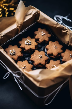 A box with homemade gingerbread, copy space