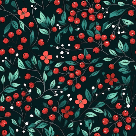 Seamless dark green background with dark red small flowers and leaves, liberty pattern, beautiful...