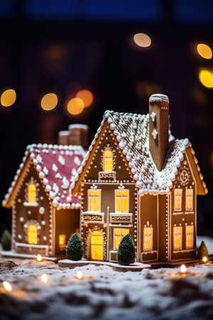 Illuminated gingerbread houses before dark backgroundの写真素材