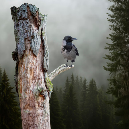 A Hooded crow in the autumn forest, perched on a birch treeの写真素材