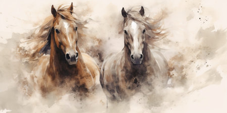 Watercolor illustration of two horses on white background with black streak on a beige-colored backgroundの写真素材