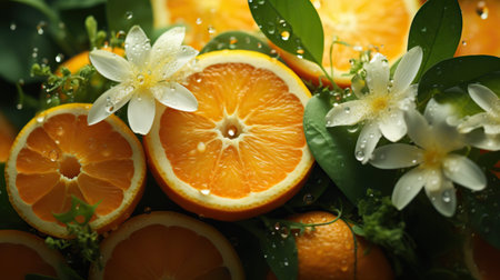 A vibrant orange slice with droplets of sweet orange essential oil on itの写真素材