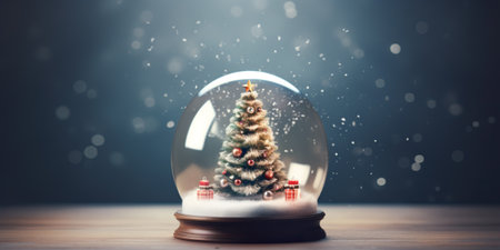 Shiny Christmas Tree In Snow Globe, copy spaceの写真素材