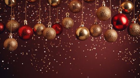 Beautiful red and golden christmas balls on a bokeh backgroundの写真素材