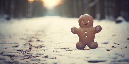 A gingerbread man outside in the snow. Christmas bakery.の写真素材
