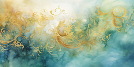 Watercolor background with brocade swirls, muted colors, yellows, blues and greensの写真素材