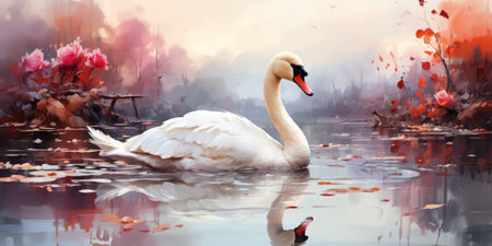 Watercolor bird illustration. Elegant Swan glides on a mirror-like lake at dawnの写真素材