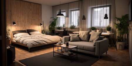 100 meters studio apartment, one king size bed in the end of the apartment, a couch on the foreground, cool indieの写真素材