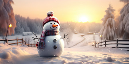 Winter dawn with a festive snowman: a charming way to celebrate the arrival of the Christmas holidays, Santa's day is coming.copy spaceの写真素材