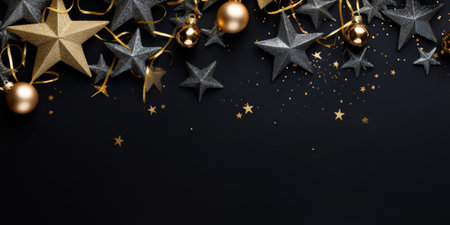 Christmas banner with copy space. Christmas decoration with presents on black background. Copy...
