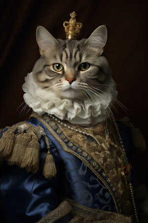 A hyper-realistic portrait of a cat dressed in royal garb, showcasing its regal and majestic auraの写真素材