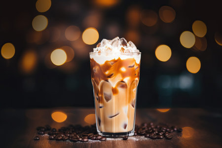 Frosty glacial iced caramel mocha latte before festive bokeh backgroundの写真素材