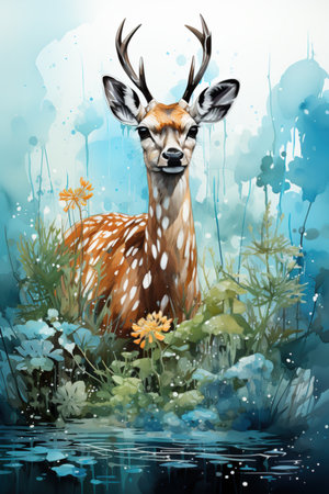 A beautiful deer in natural habitat. Watercolor animal illustration.の写真素材