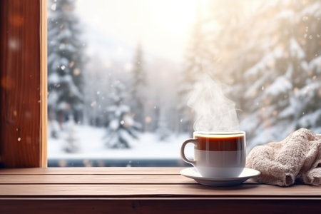 Having a relaxing day with a cup of hot tea, watching snow on the window, cozy cabin, wintery atmosphereの写真素材