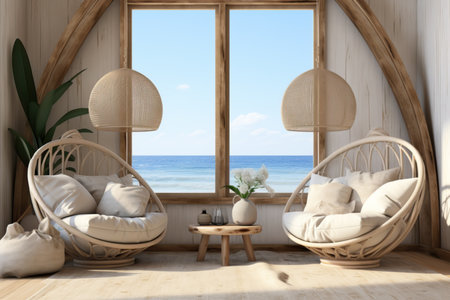 Cozy living room in Boho style in natural colorsの写真素材