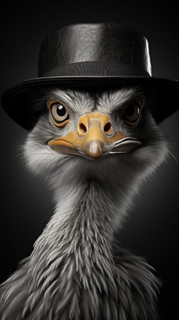 Close up portrait of an ostrich with fancy hat in front of gray background