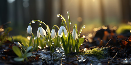 Snowdrop at sunrise in a forest in the early springの写真素材