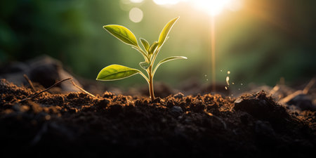 The Sapling are growing from the soil with sunlightの写真素材
