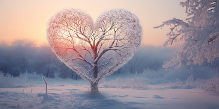 A heart shaped tree covered with snow. Valentine's greetingsの写真素材