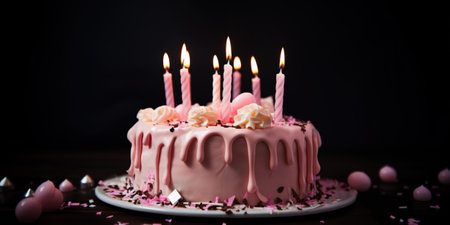 A creamy pink birthday cake with decoration before dark backgroundの写真素材