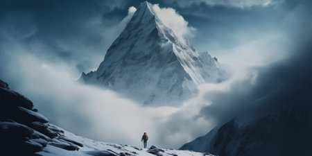 Dramatic mountain with cloudy sky, a hiker in the snowの写真素材