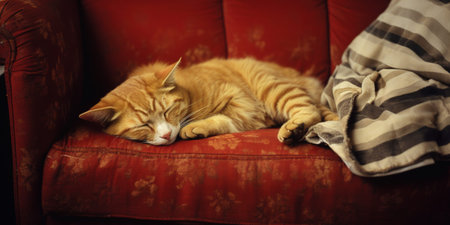 Red cat sleeping on a couchの写真素材