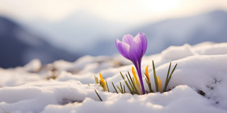 Purple crocus in the snow, macro closeup. Early spring flower.