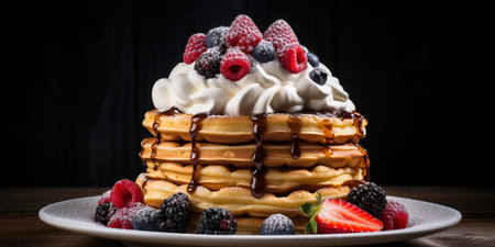 A towering stack of delicious waffles with whipped cream and fruits