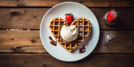 A heart-shaped waffles and ice cream sandwich on a pretty plate on top of a rustic wooden tableの写真素材