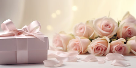Elegant present gift box with satin ribbon and pastel color fresh roses on table. Greeting card for celebration, birthday, women, mothers, Valentines dayの写真素材
