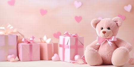 Teddy bear on a background with hearts, with empty space for text, in pink and white tones, with gift boxes with pink bowsの写真素材