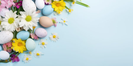 Lots of flowers and colorful Easter eggs on a light blue background with copy space