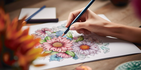 A woman coloring a coloring page with colored pencilsの写真素材