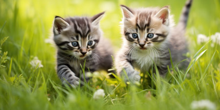 Playful kittens in grass frolicking forwardの写真素材