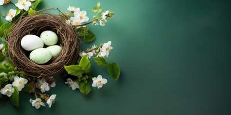Beautiful colored Easter eggs in a basket before green background with copy spaceの写真素材