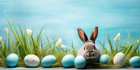 Easter motive, cute bunny is sitting between easter eggs and fresh grass on blue wooden background