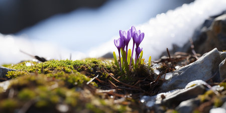 Purple crocus in the snow, macro closeup. Early spring flowerの写真素材