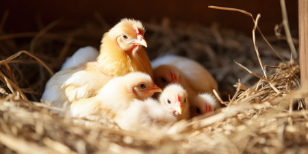 New born chicks in a nest on a farm, newborn chickens in hay nest
