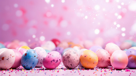 Colorful easter eggs on pink background with copy space