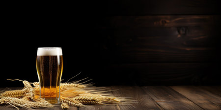 Glass of light wheat beer and wheat ears on wooden table on black background with copy spaceの写真素材