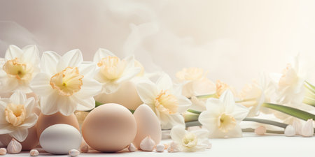 Soft color pastel easter eggs and narcissus flowers, clean beige image background and copy space