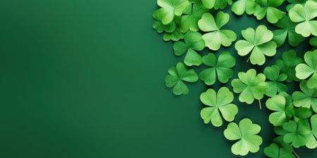 Fresh 4-leaf clover leaves or shamrock on green background. Top view with copy space