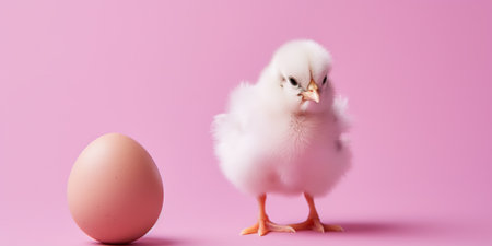 Little chicken looking at the egg on pink background with copy space. Agriculture and farmingの写真素材