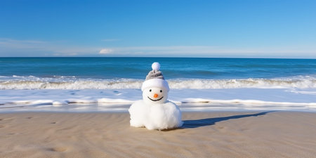 Melting snowman on beach with patterned hat and scarp next to high wavesの写真素材