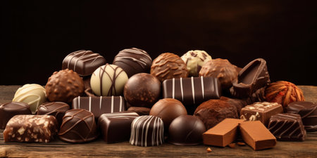 Assorted Chocolate pralines on brown background with copy space
